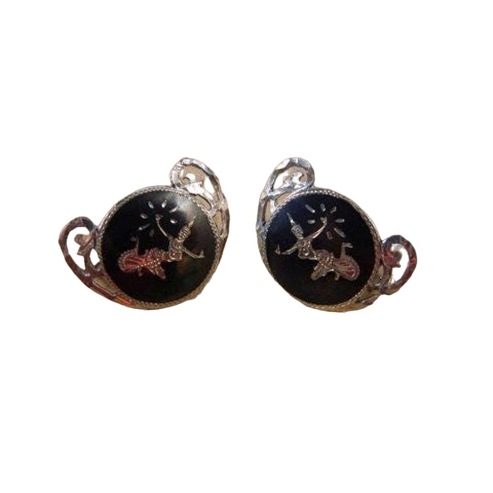 Vintage Siam Sterling Silver Screw Back Earrings, Thailand Niello Goddess